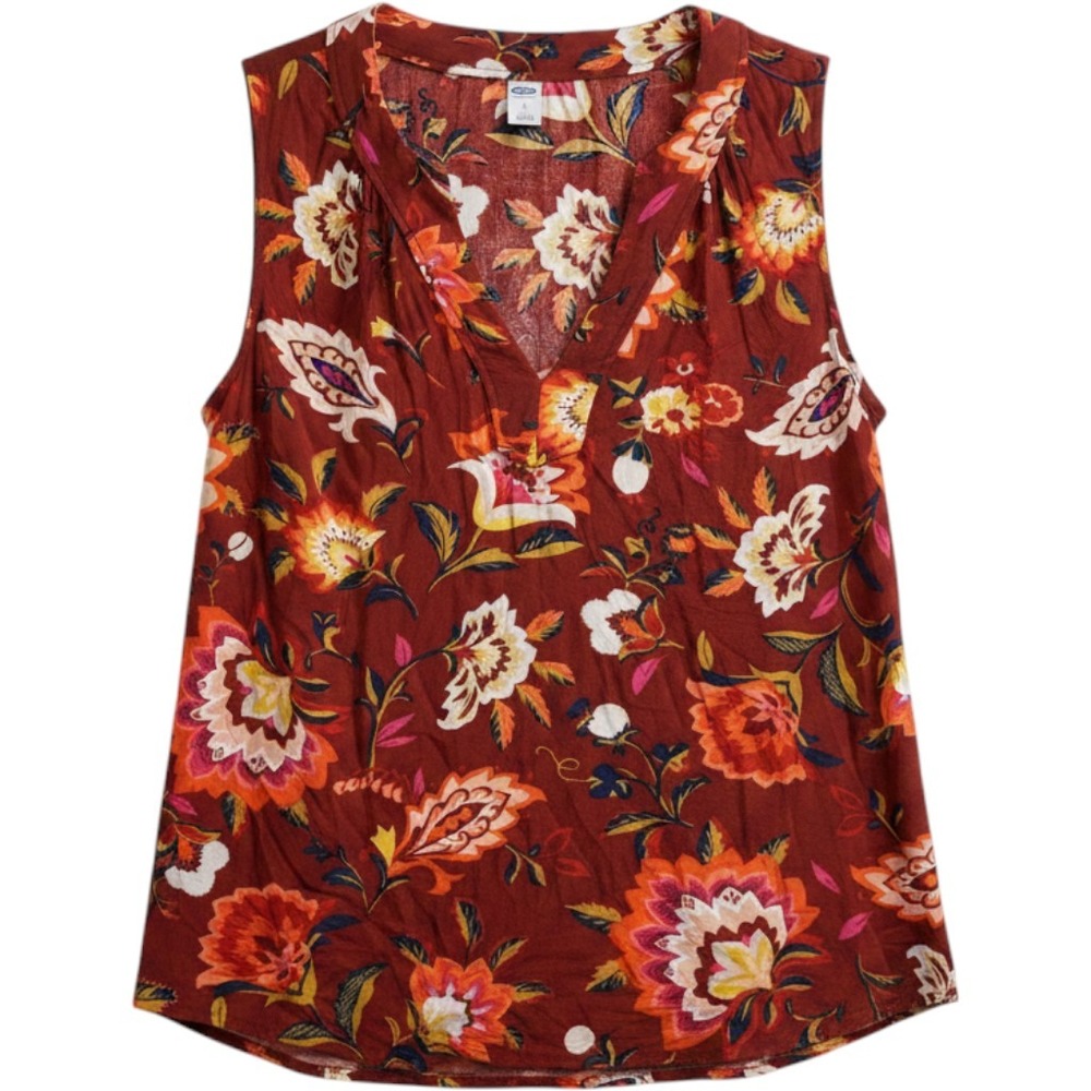 Old Navy Floral Sleeveless Blouse Womens Small Petite Rust Rayon Split Neck